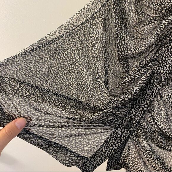 CAbi Sheer mesh black animal print Gathered Placket Blouse button front Size L - Picture 5 of 10